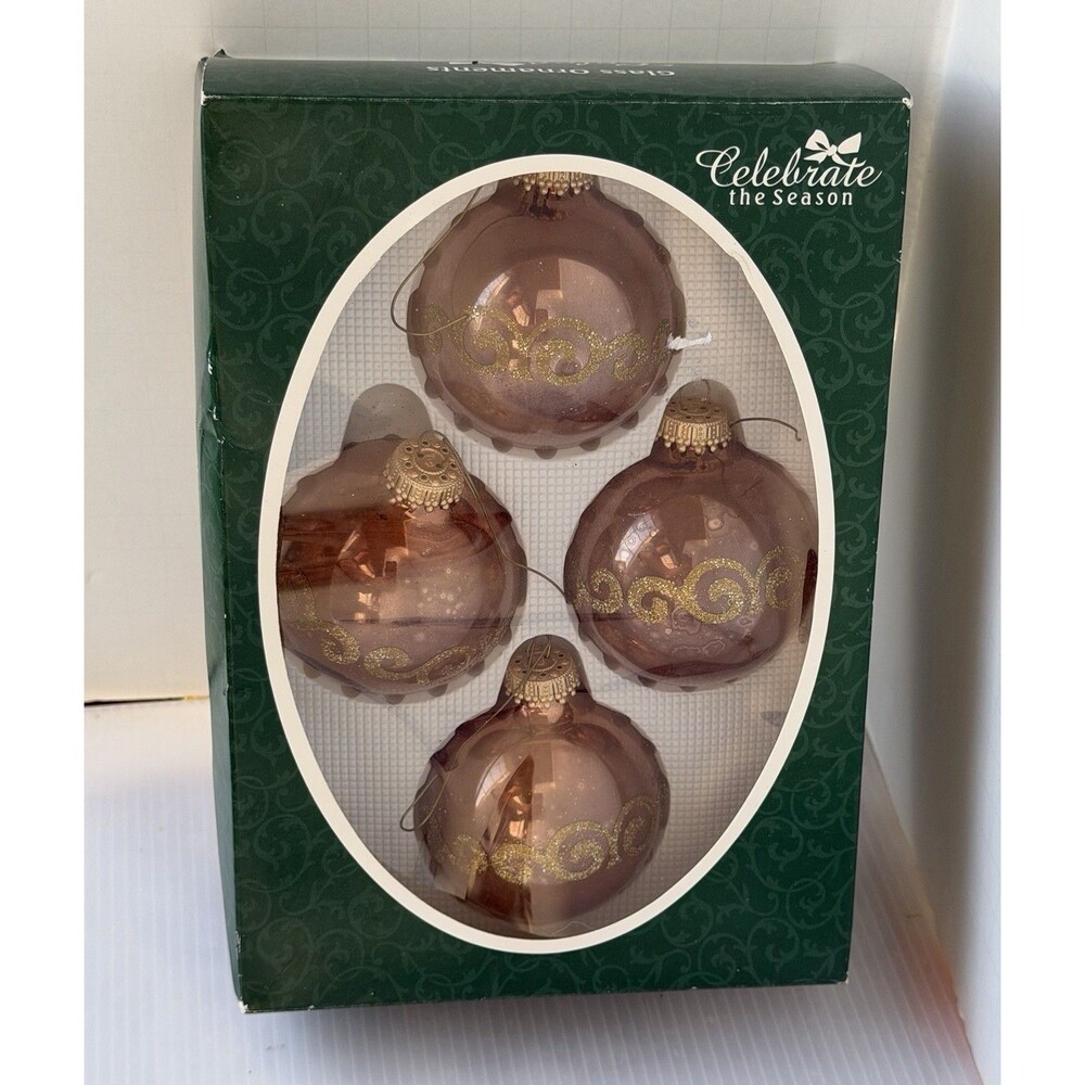 VTG Christmas by Krebs Glass Ornaments Copper Gold Crown Glitter Stencil 4pc Set